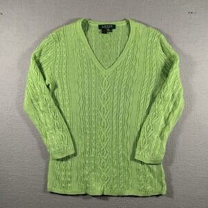 Ralph‎ Lauren 100% Linen Lightweight Cableknit V-Neck Sweater. Ladies petite  M